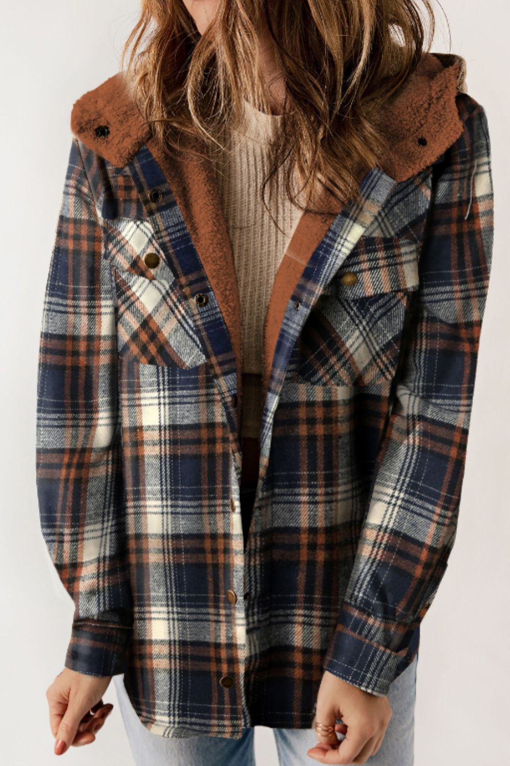 Plaid Button Up Long Sleeve Hooded Jacket - Sydney So Sweet