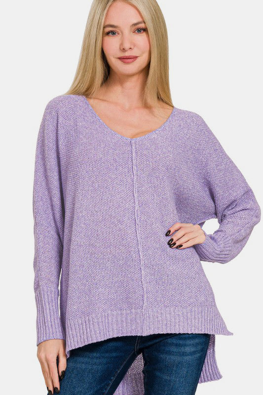 Zenana High-Low Center Seam V-Neck Sweater - Sydney So Sweet