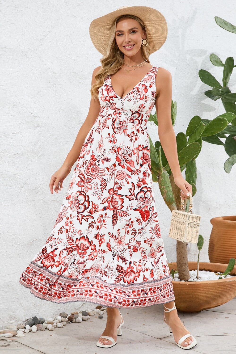 Printed V-Neck Wide Strap Dress - Sydney So Sweet