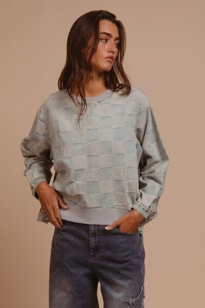 BiBi Mineral Washed Checkered Round Neck Denim Top - Sydney So Sweet