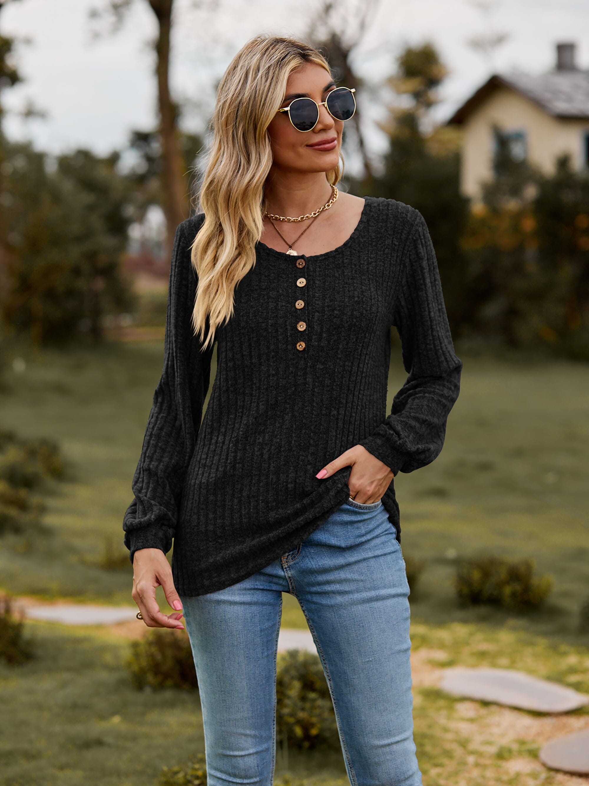 Round Neck Button-Down Long Sleeve Tee - Sydney So Sweet