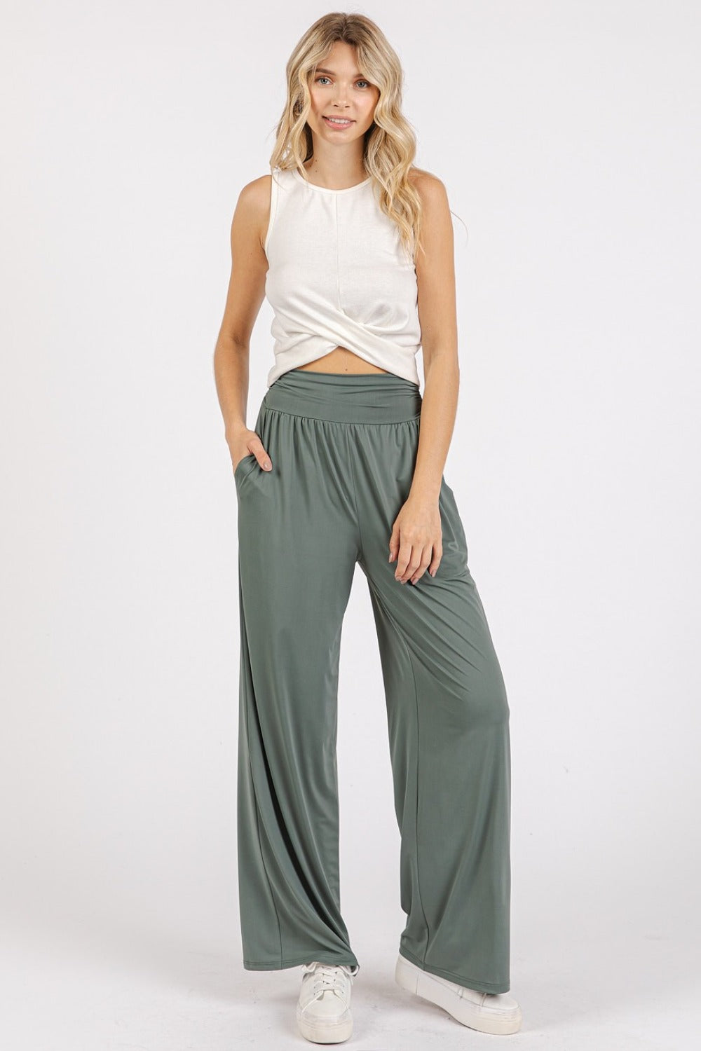 Mittoshop Stretch Banded Waist Wide Leg Pants with Pockets - Sydney So Sweet