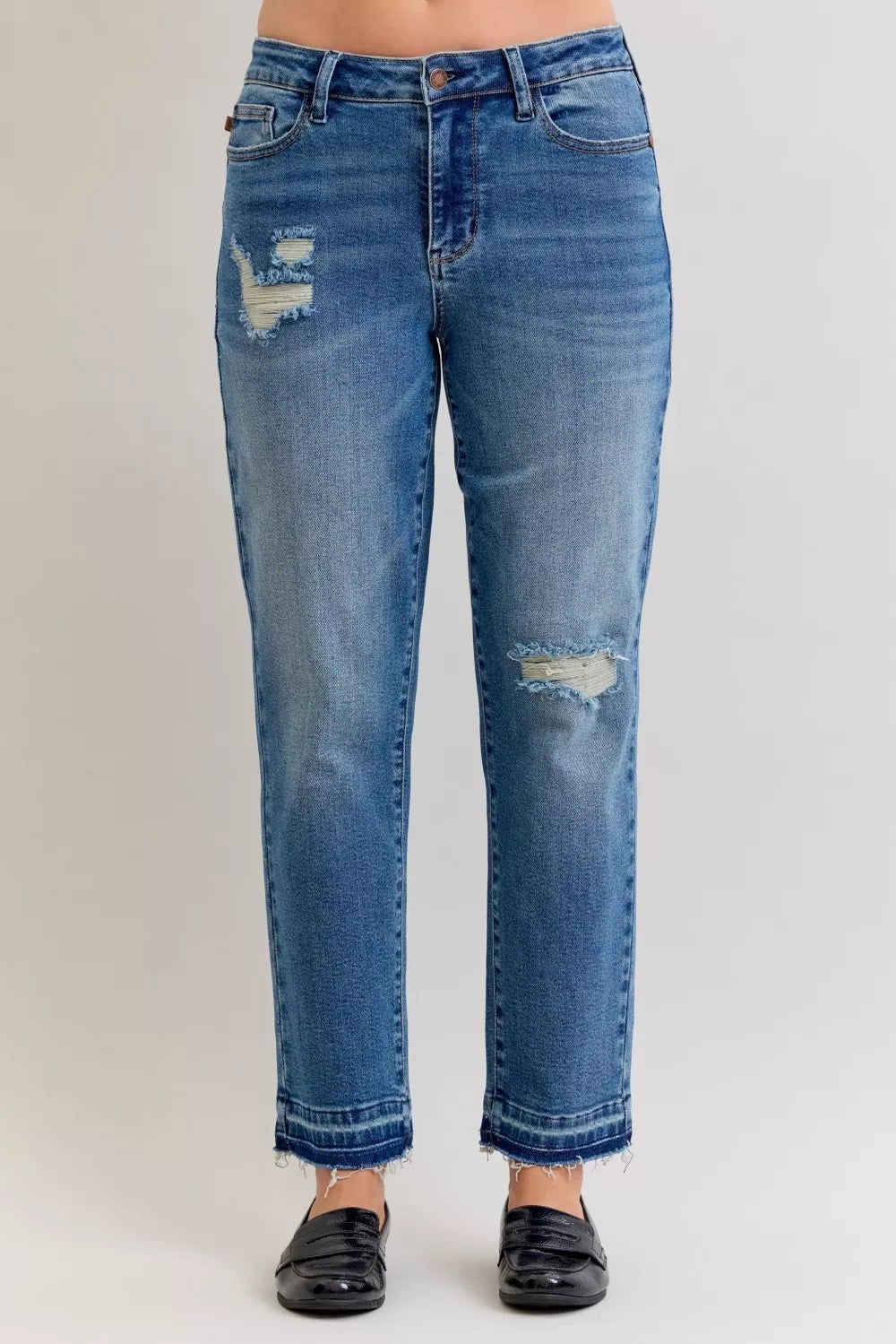 Judy Blue Full Size Mid Rise Bf Patch & Repair Destroy Release Hem Jeans Plus Size - Sydney So Sweet