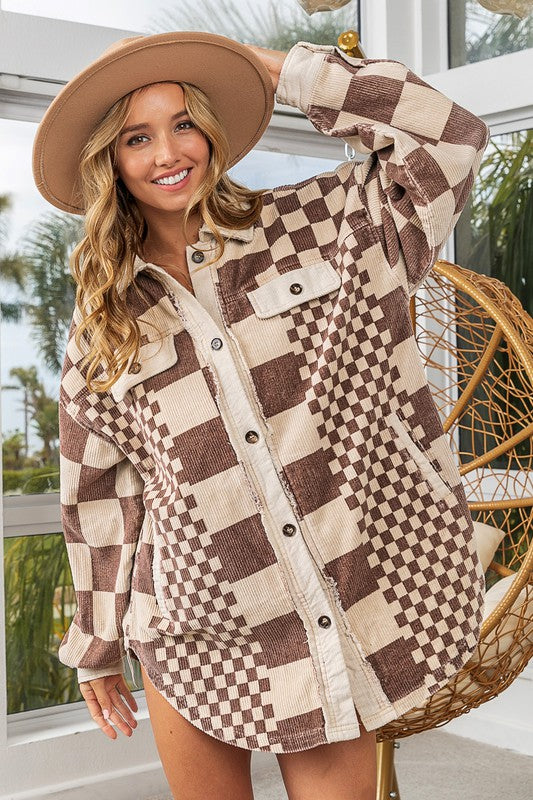 BiBi Checkered Button Down Corduroy Shacket - Sydney So Sweet