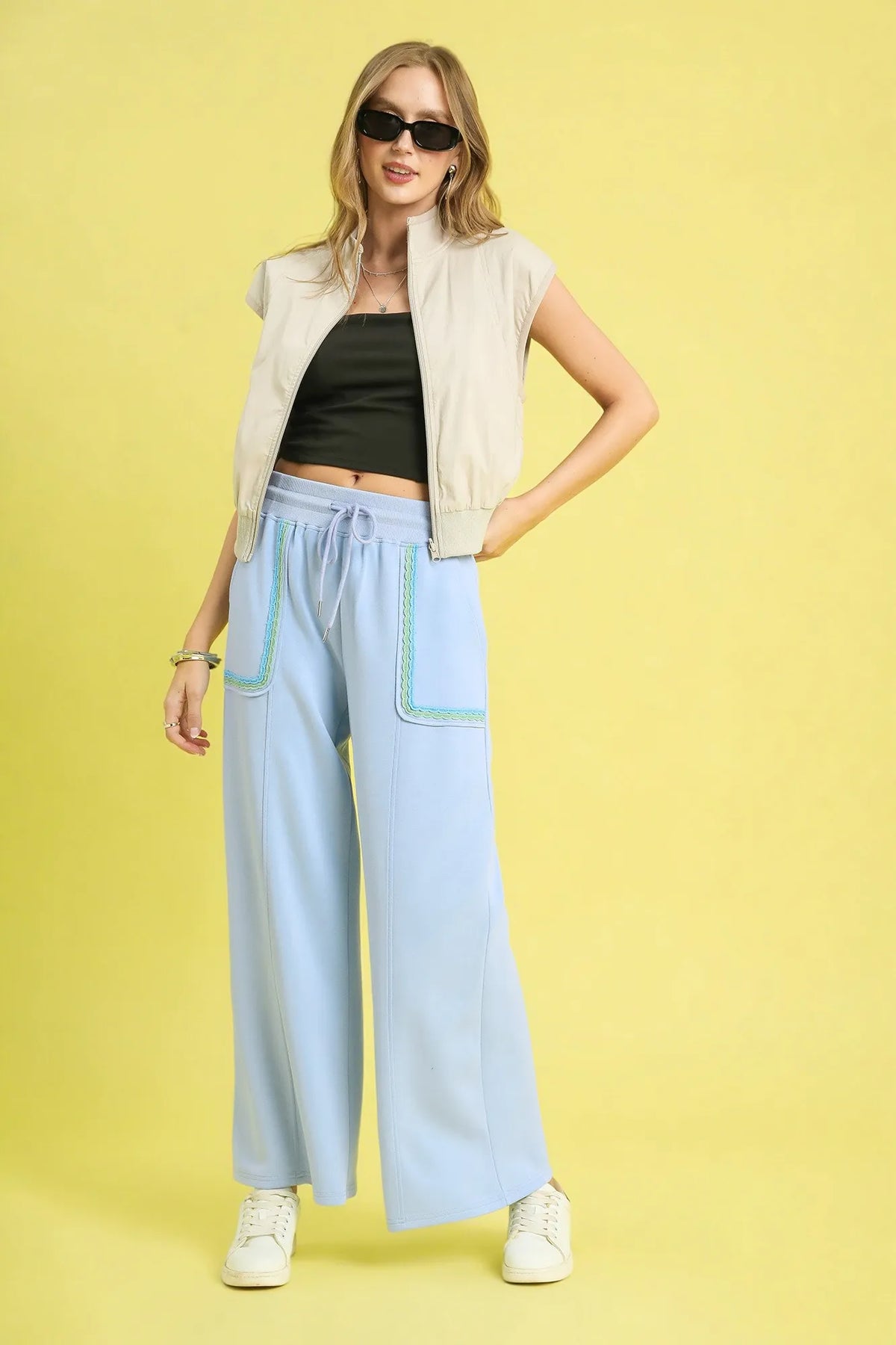 Umgee Drawstring Wide Leg Pants with Scallop Trim Detail - Sydney So Sweet