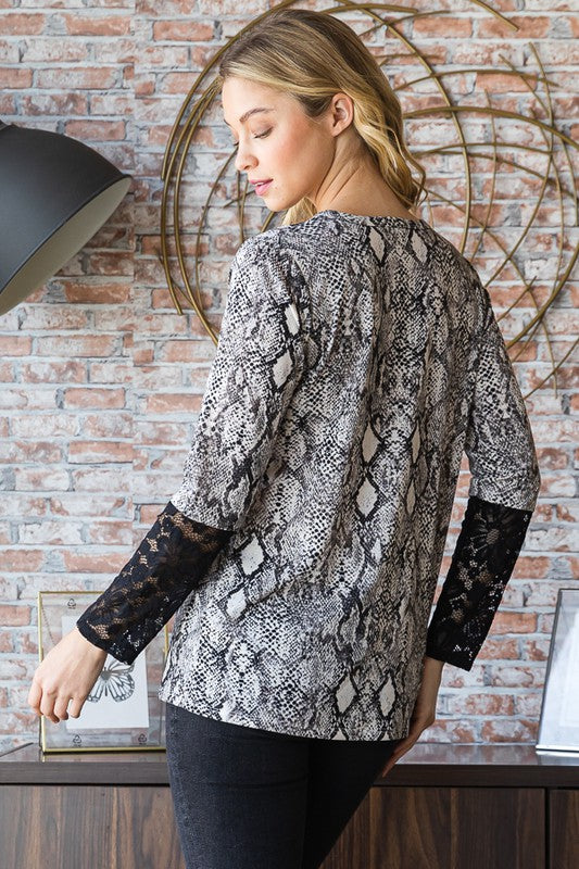 Heimish Full Size Snakeskin Print Round Neck Lace Contrast Top - Sydney So Sweet