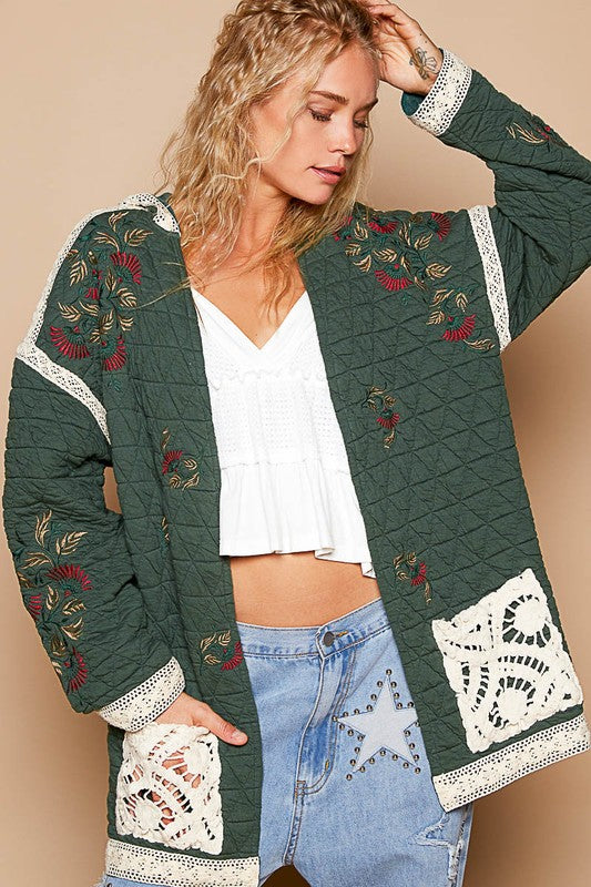 POL Embroidered Open Front Quilted Jacket with Crochet Pockets - Sydney So Sweet