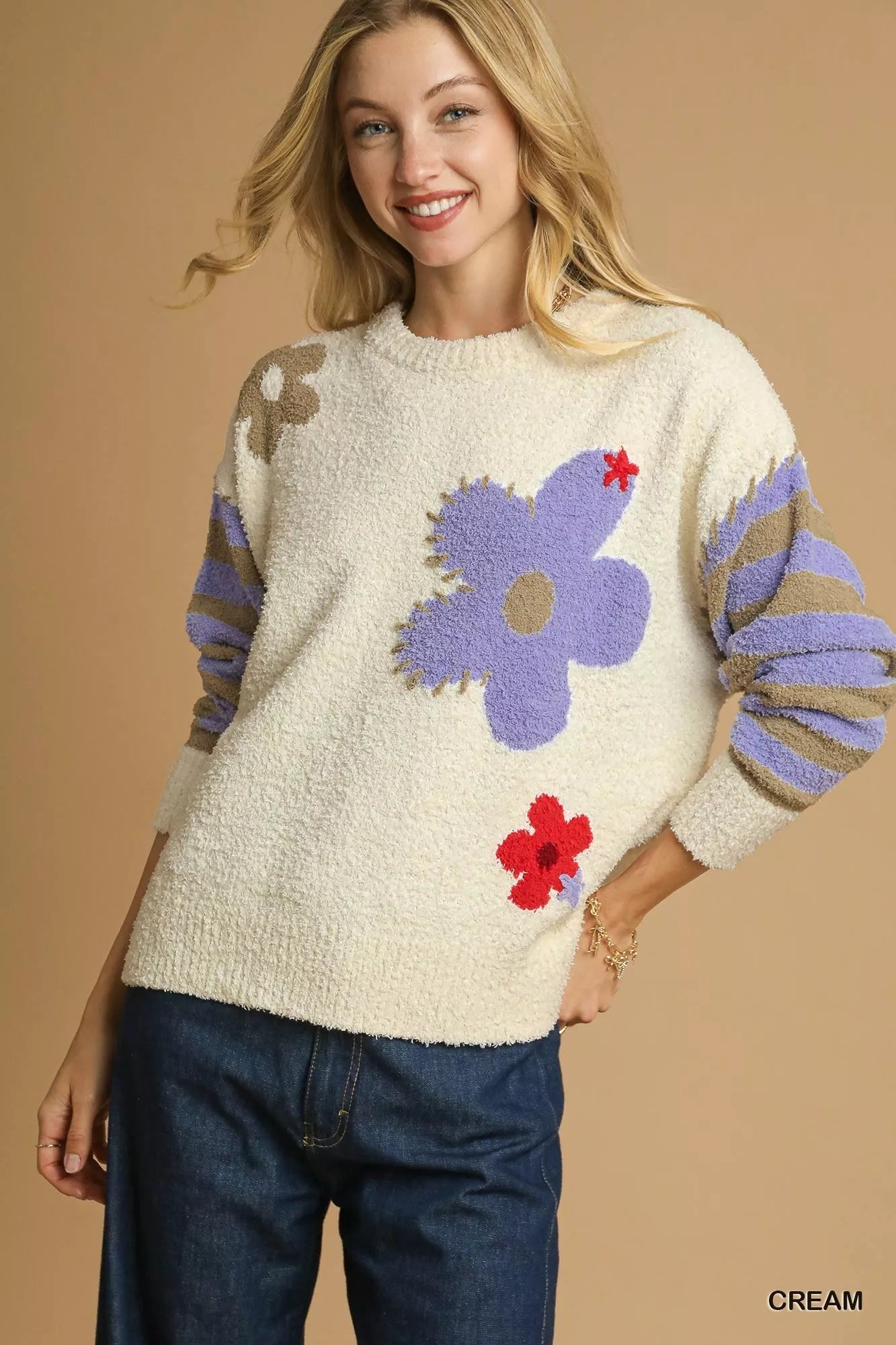 Umgee Flower Jacquard Striped Long Sleeve Sweater - Sydney So Sweet