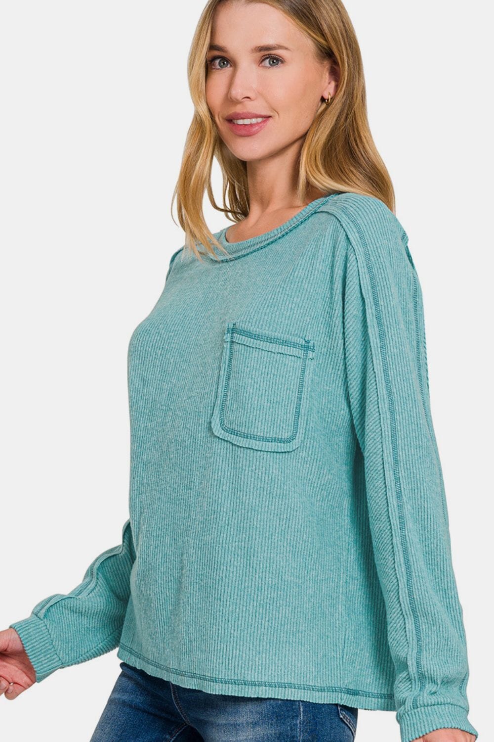 Zenana Full Size Contrast Stitching Brushed Ribbed Hacci Knit Top Plu Size - Sydney So Sweet
