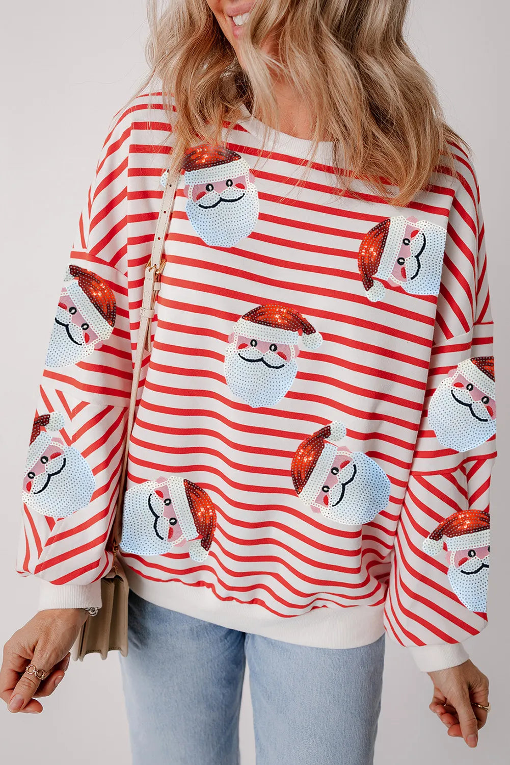 Sequin Santa Striped Round Neck Long Sleeve Sweatshirt - Sydney So Sweet