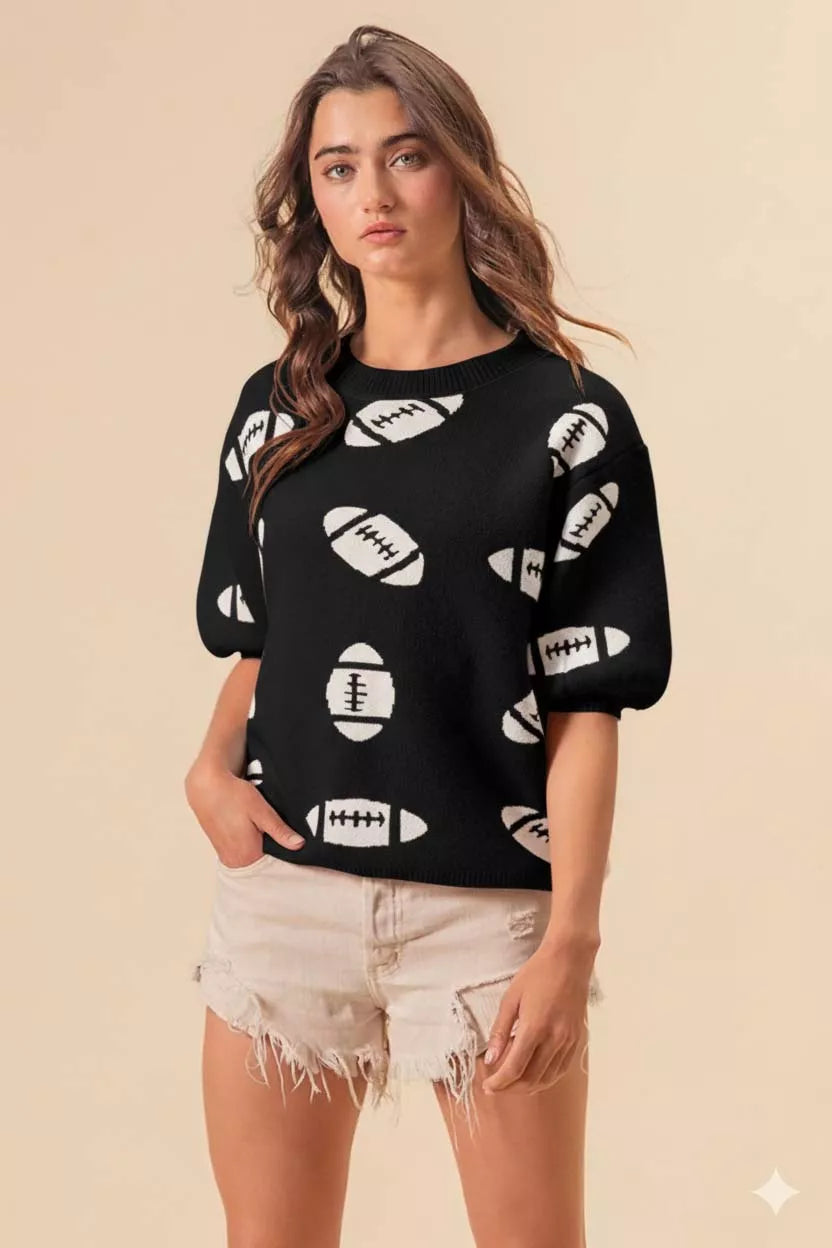 BiBi Football Pattern Short Sleeve Sweater - Sydney So Sweet