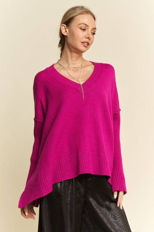 Davi &amp; Dani Ribbed Side Slit V-Neck Sweater - Sydney So Sweet