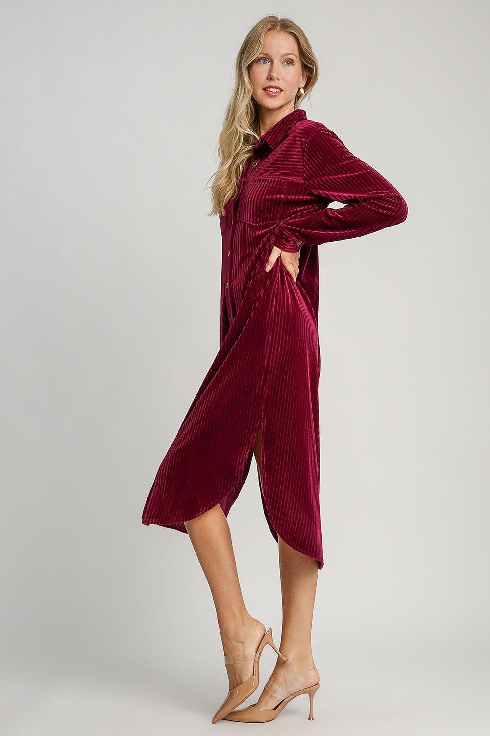 Umgee Texture Curved Hem Button Down Shirt Dress - Sydney So Sweet