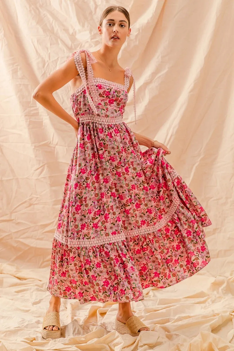 SO ME Floral Maxi Dress With Ribbon Tie Lace Strap - Sydney So Sweet