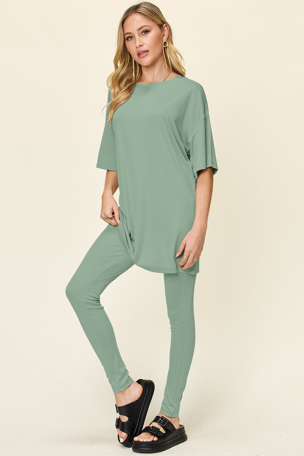 Double Take Full Size Round Neck Dropped Shoulder T-Shirt and Leggings Set - Sydney So Sweet