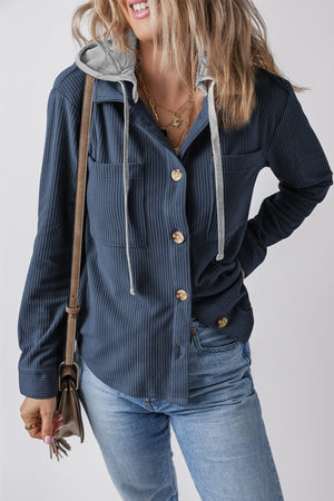 Drawstring Button Up Long Sleeve Hooded Jacket - Sydney So Sweet