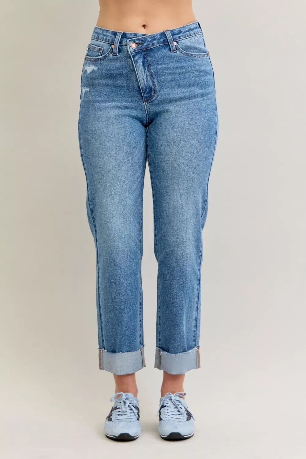 Judy Blue High Waist Bf Criss-cross Mild Destroy Jeans with Single Cuff - Sydney So Sweet