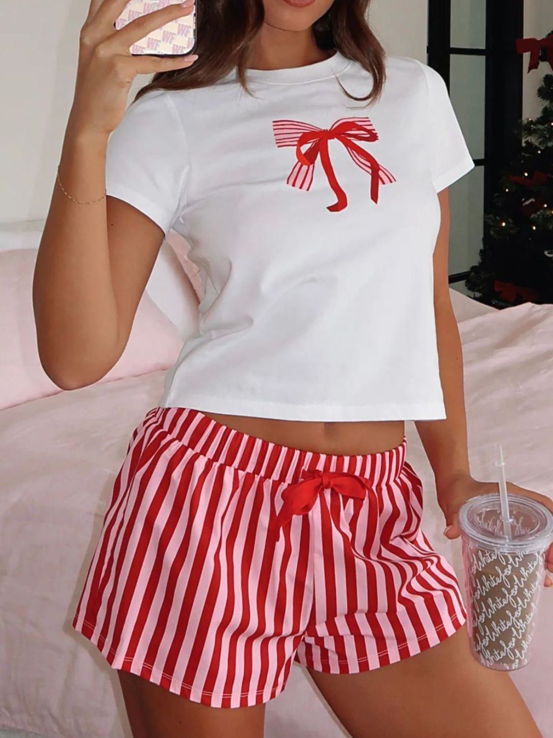 Printed Round Neck Short Sleeve Top and Drawstring Shorts Set - Sydney So Sweet