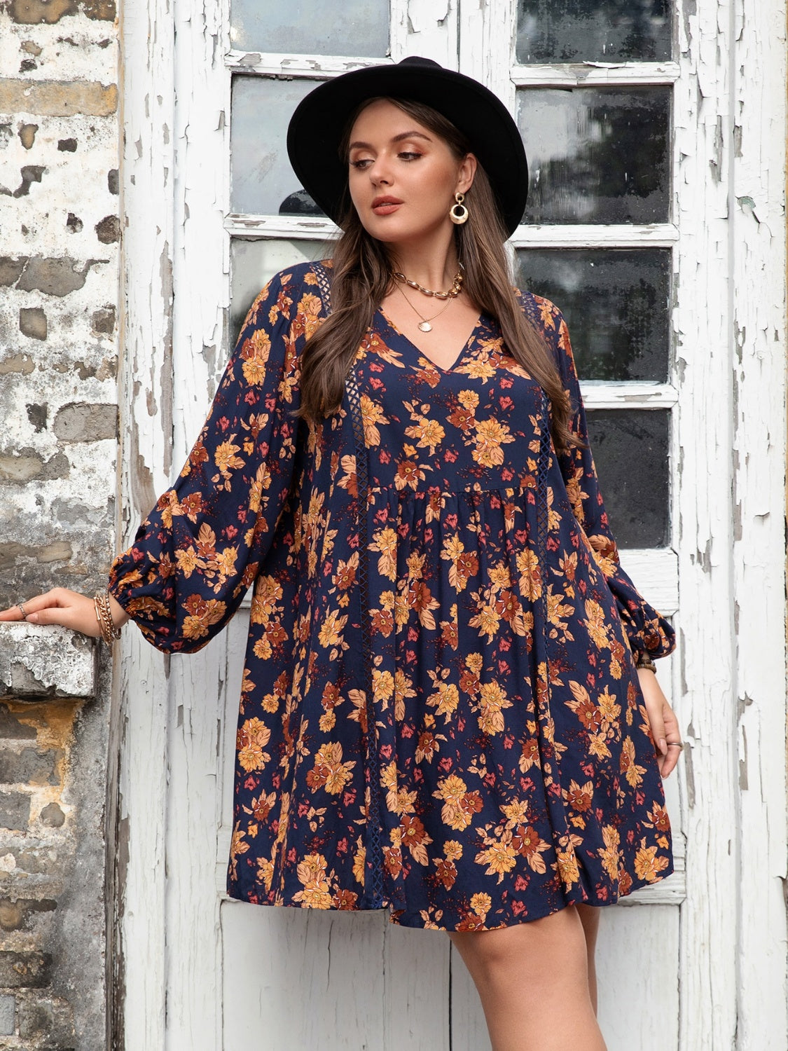 Plus Size Floral V-Neck Balloon Sleeve Dress - Sydney So Sweet