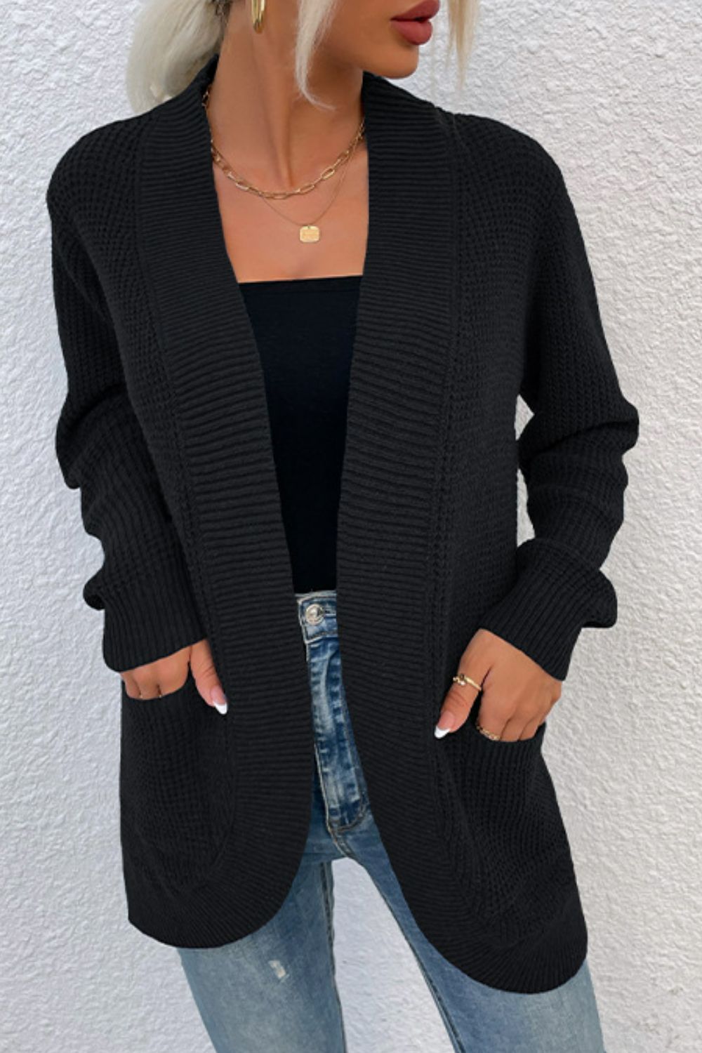 Open Front Rib-Knit Cardigan with Pockets - Sydney So Sweet