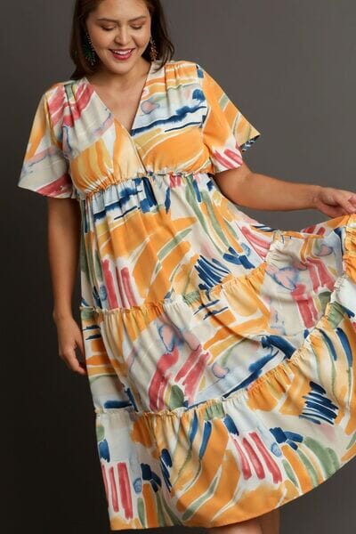 Umgee Full Size Abstract Print Flutter Sleeve Frill Tiered Midi Dress Plus Size - Sydney So Sweet