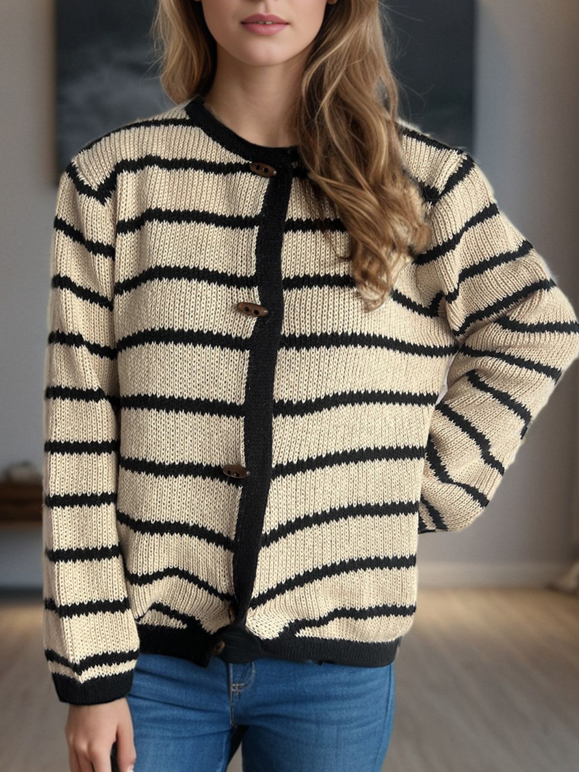 Striped Round Neck Long Sleeve Cardigan - Sydney So Sweet