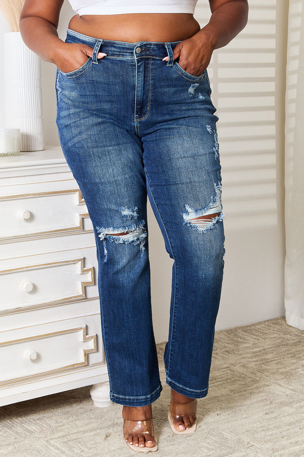 Judy Blue Full Size Mid Rise Hand Sand &amp; Destroy Bootcut Jeans - Sydney So Sweet