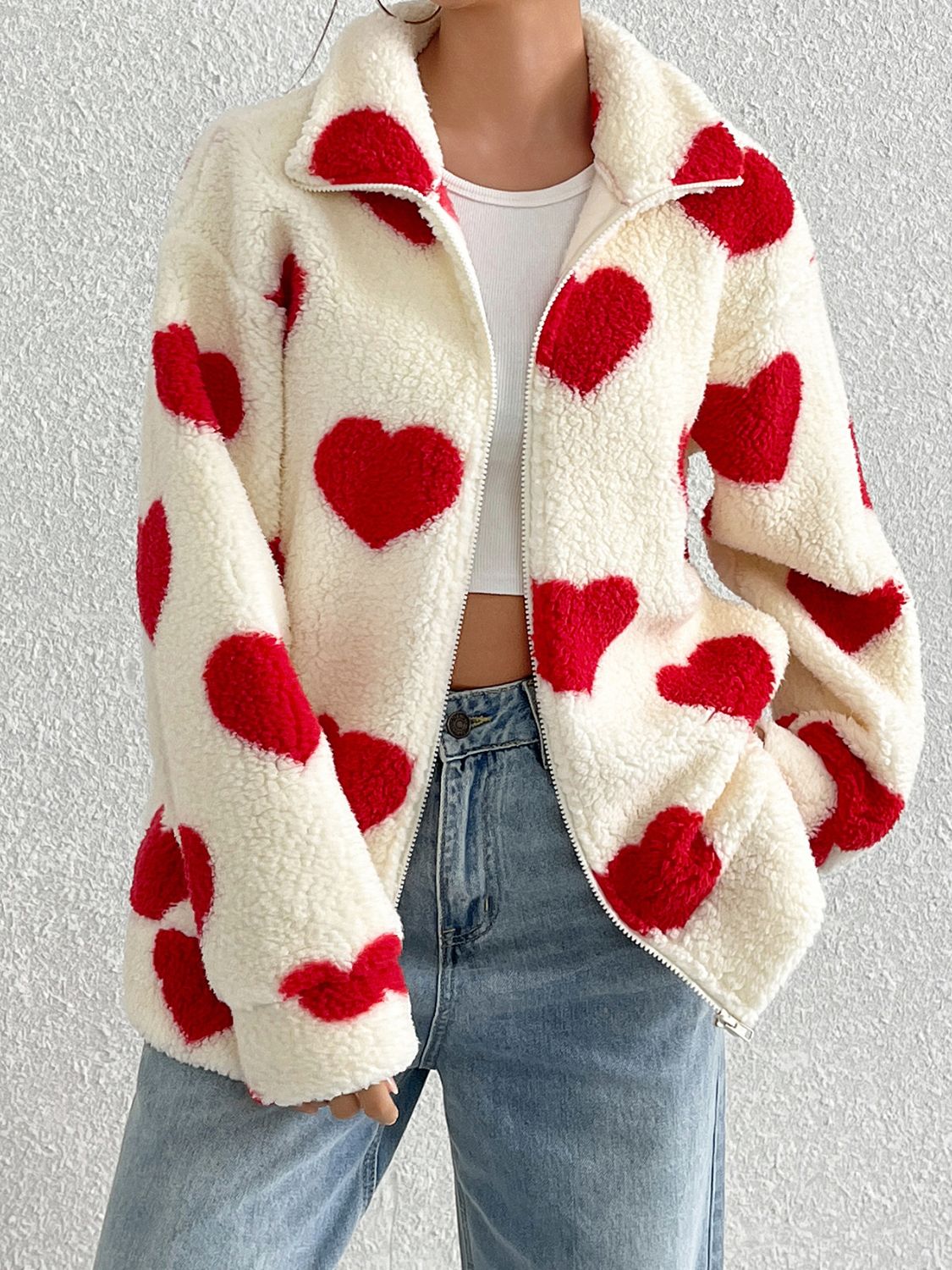 Heart Zip Up Drop Shoulder Furry Jacket - Sydney So Sweet