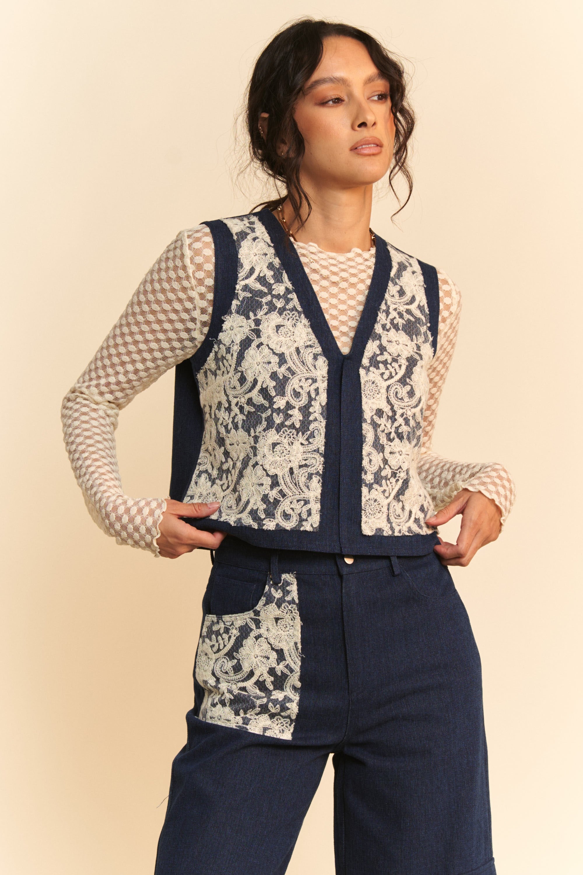 Davi & Dani Lace Patch Open Front Denim Vest - Sydney So Sweet