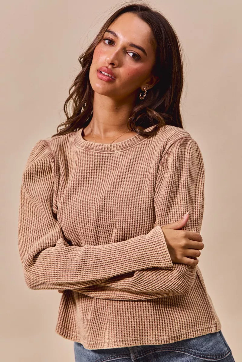 SO ME Mineral Washed Waffle Top With Puff Sleeves - Sydney So Sweet