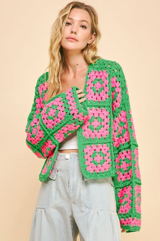 Davi & Dani Full Size Two Tone Flower Square Crochet Open Front Cardigan - Sydney So Sweet