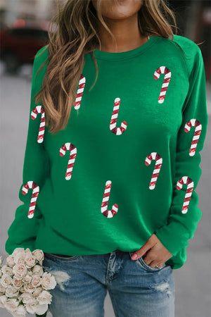 Candy Cane Round Neck Long Sleeve Sweatshirt - Sydney So Sweet