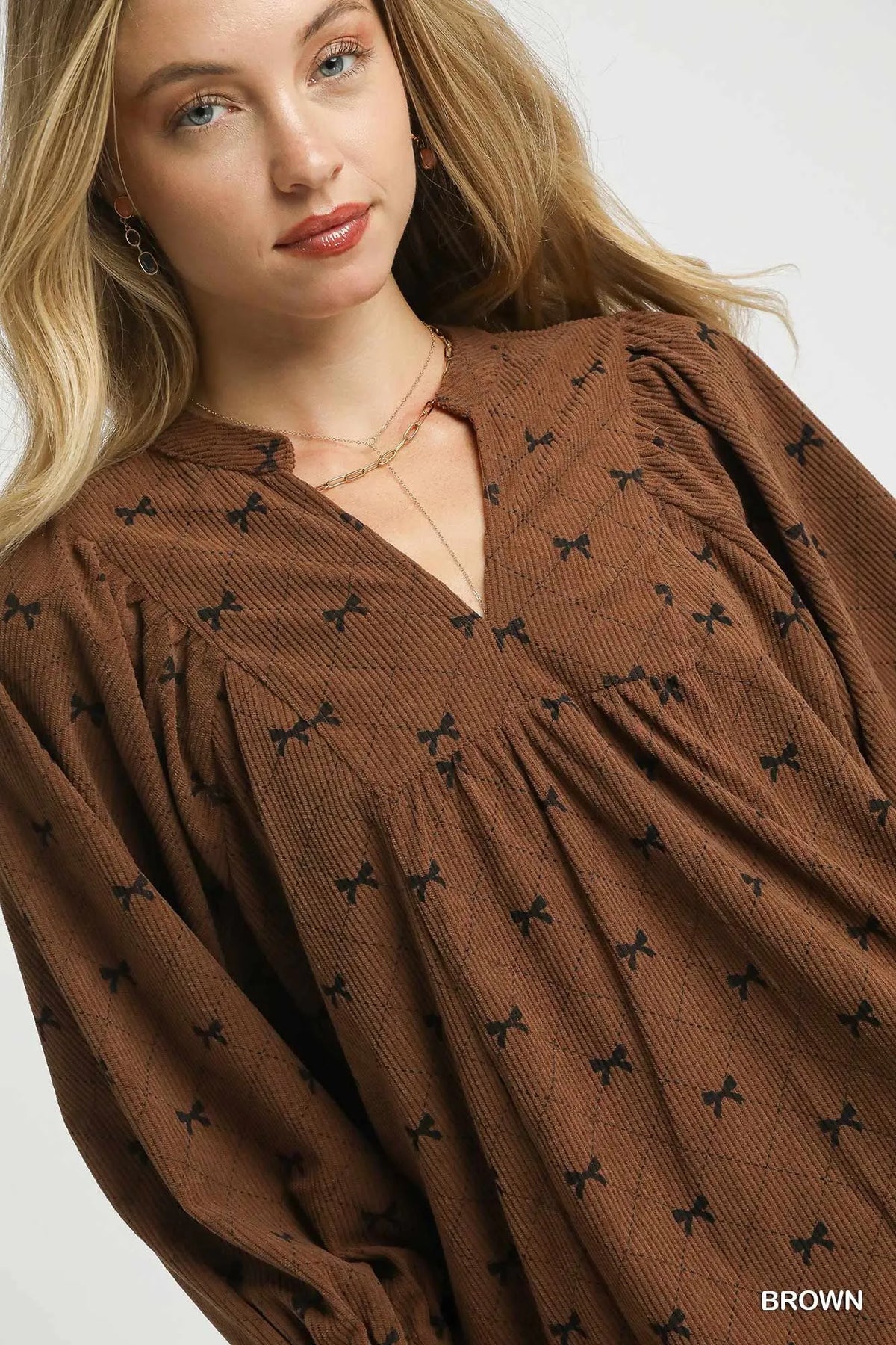 Umgee Corduroy Bow Print Balloon Sleeve Blouse - Sydney So Sweet