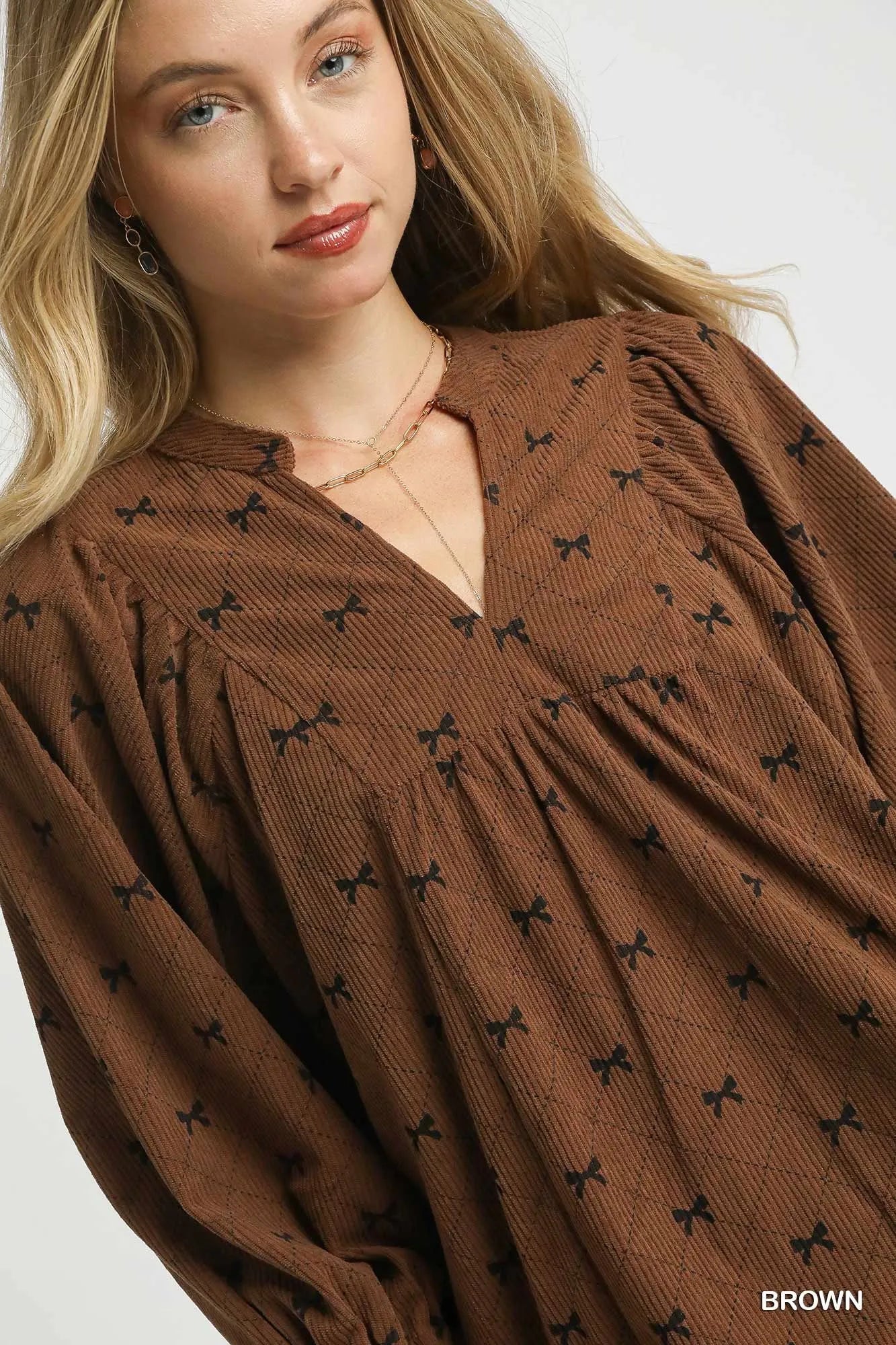 Umgee Corduroy Bow Print Balloon Sleeve Blouse - Sydney So Sweet