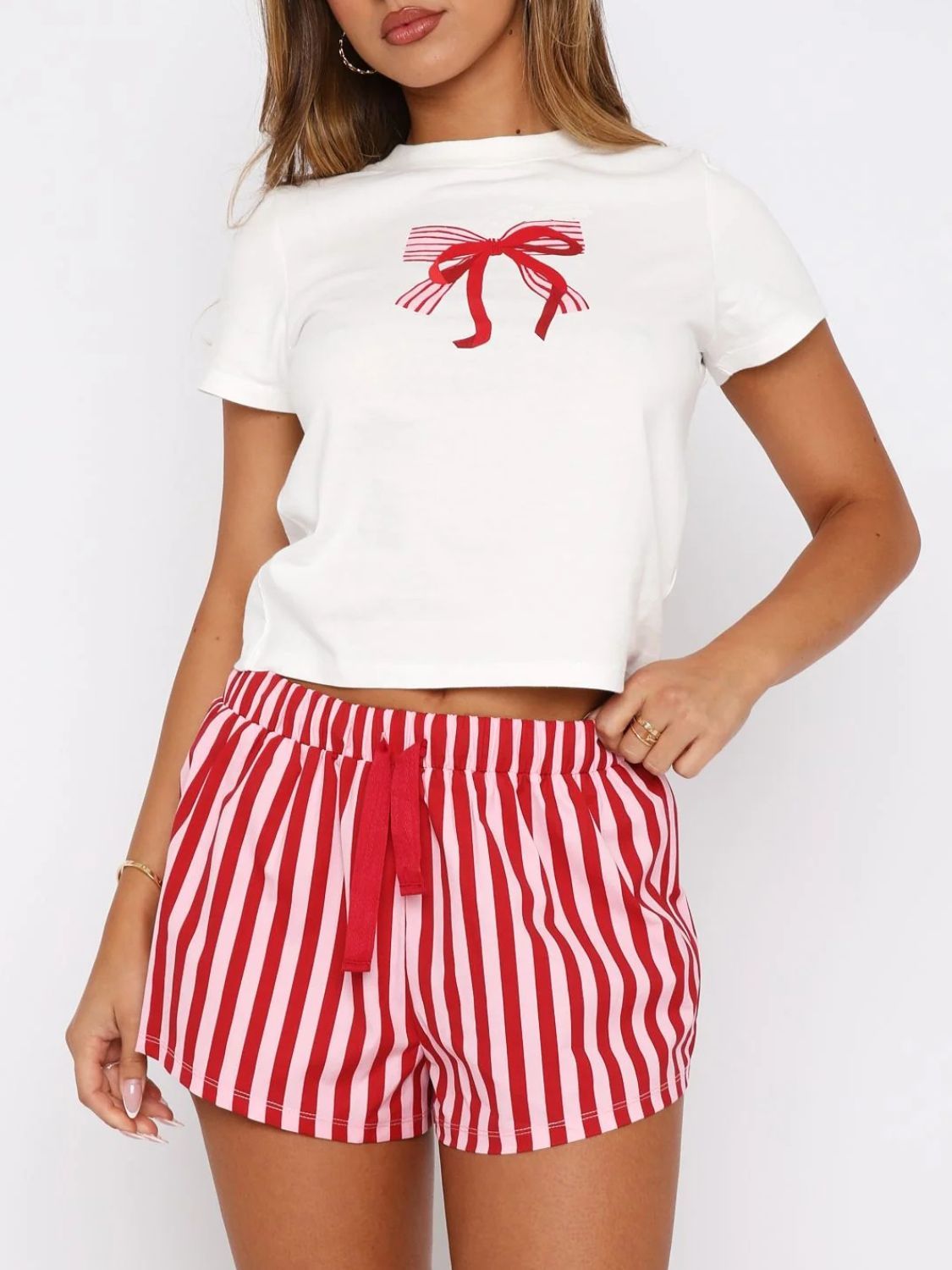 Printed Round Neck Short Sleeve Top and Drawstring Shorts Set - Sydney So Sweet