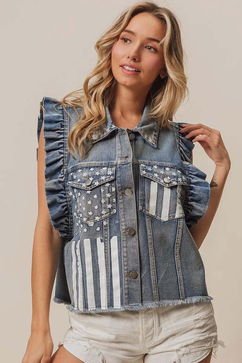 BiBi American Flag Washed Denim Jacket - Sydney So Sweet