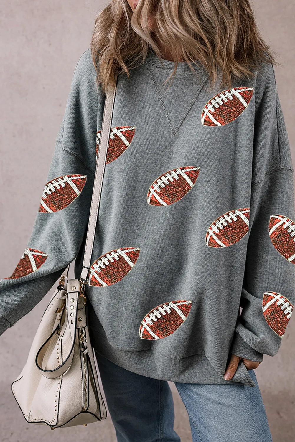 Sequin Football Round Neck Long Sleeve Sweatshirt - Sydney So Sweet