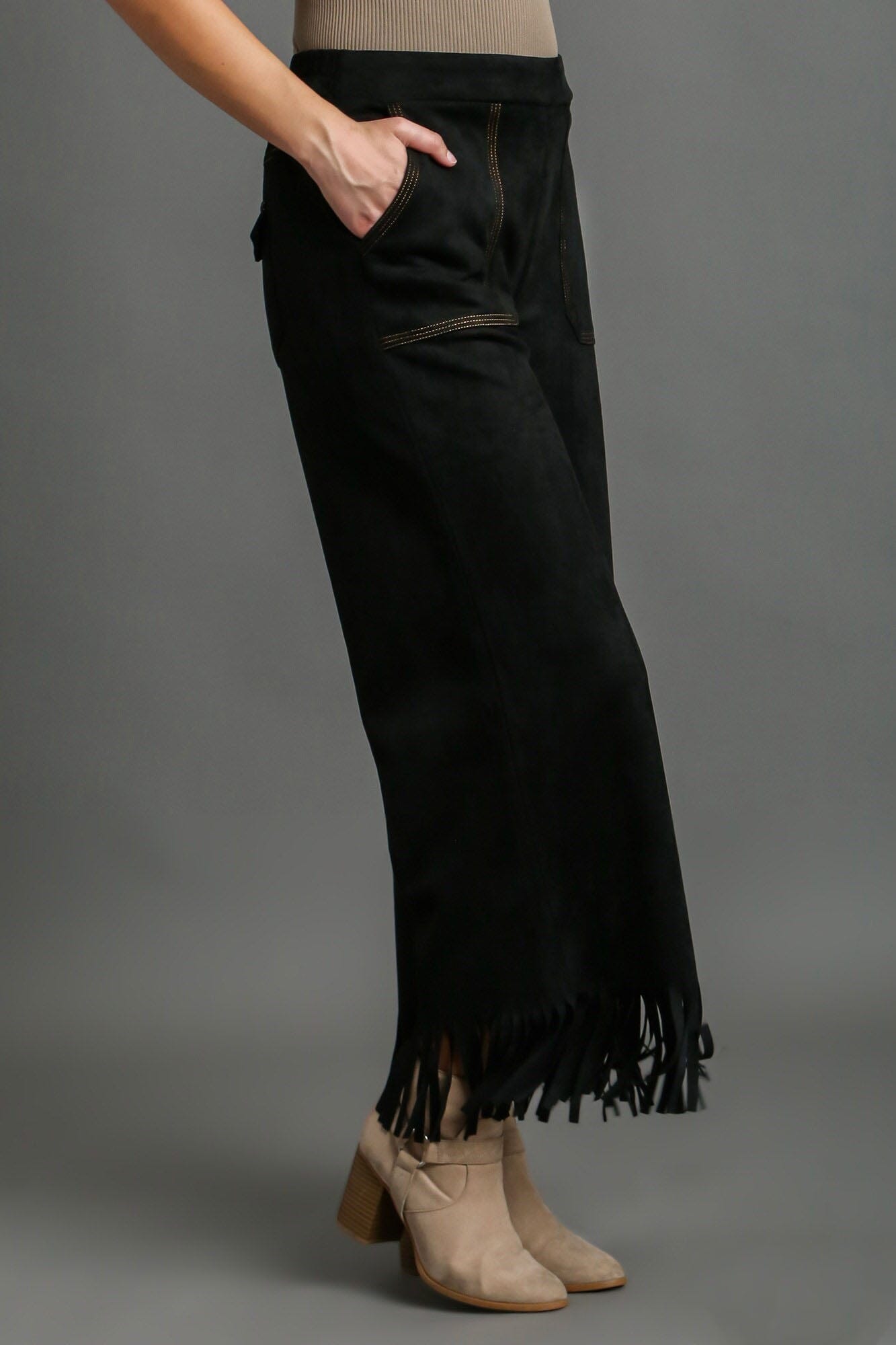 Umgee Full Size Suede Fringe Hem Wide Leg Pants Plus Size - Sydney So Sweet