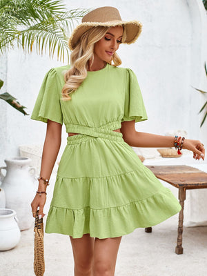 Crisscross Round Neck Flutter Sleeve Mini Dress - Sydney So Sweet