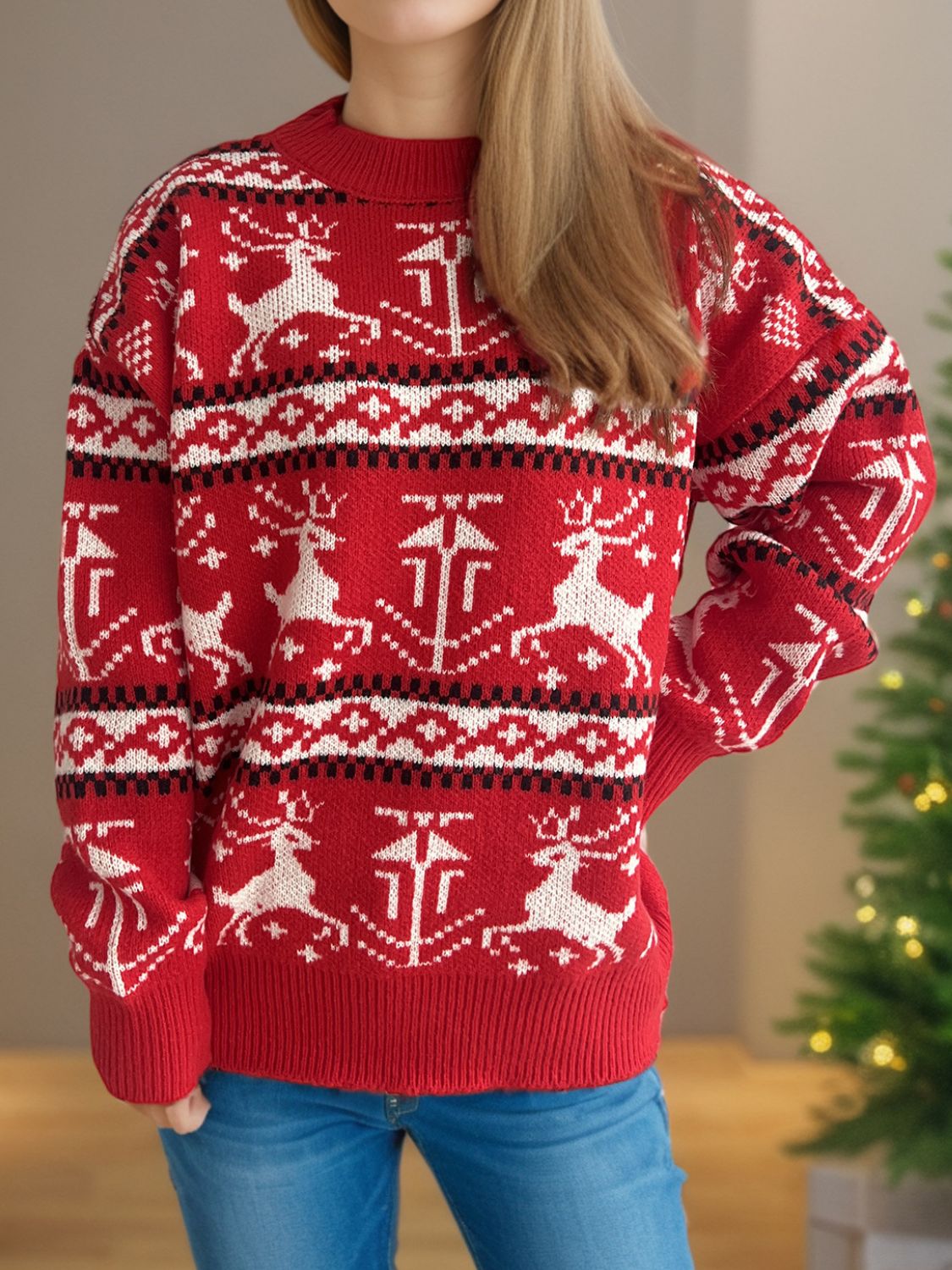 Christmas Element Round Neck Long Sleeve Sweater - Sydney So Sweet