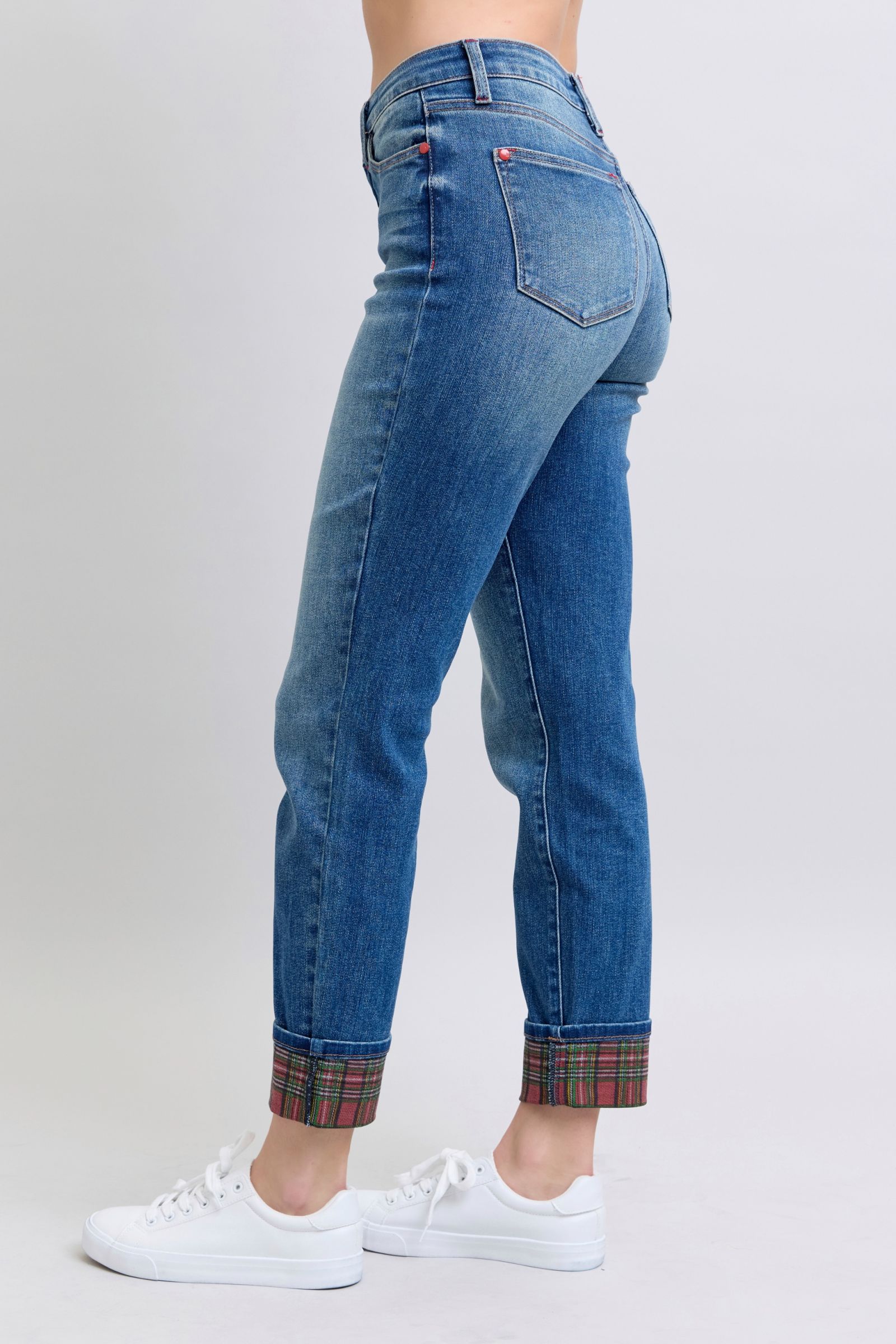 Judy Blue Full Size Plaid Print Cuff Straight Leg Jeans with Pockets - Sydney So Sweet