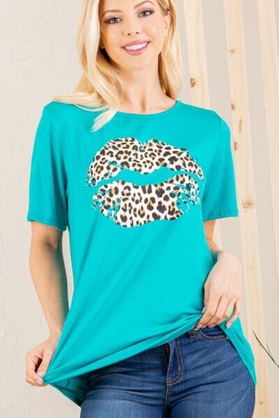 Heimish Full Size Leopard Lip Round Neck Short Sleeve T-Shirt Plus Size - Sydney So Sweet