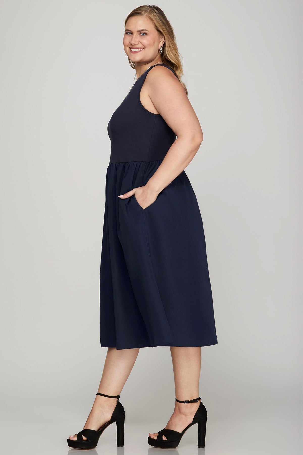 She + Sky Full Size Sleeveless Poplin Woven Midi Dress with Pockets Plus Size - Sydney So Sweet