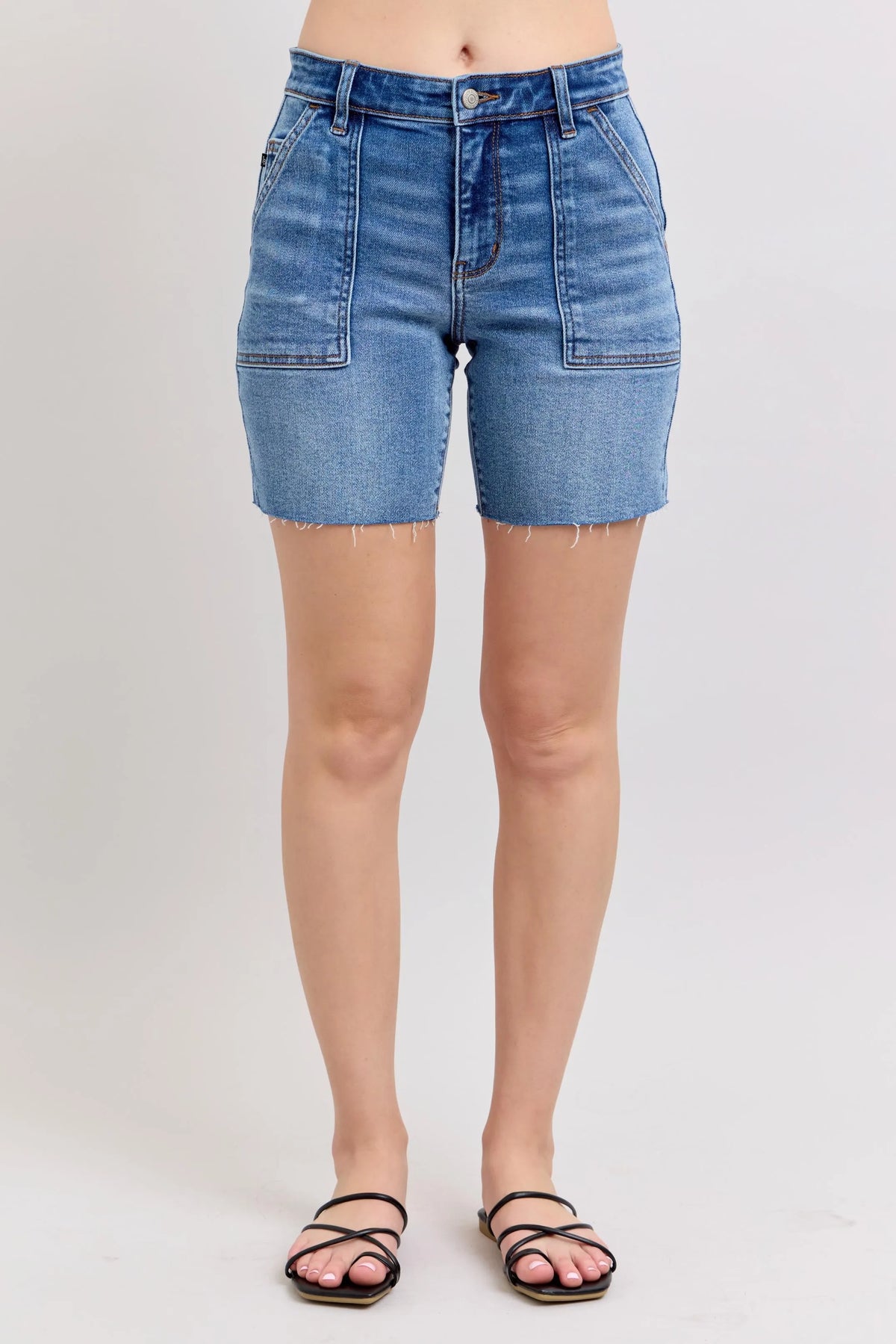 Judy Blue Full Size Mid Rise Bermudas Denim Shorts W/ Back Flap Pockets Plus Size - Sydney So Sweet
