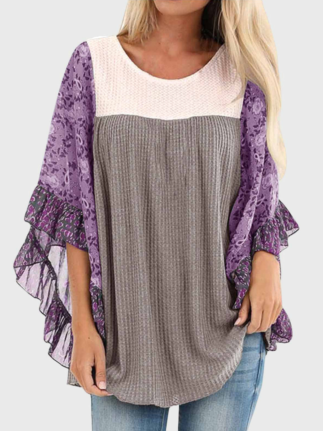 Full Size Printed Round Neck Three-Quarter Sleeve Blouse - Sydney So Sweet