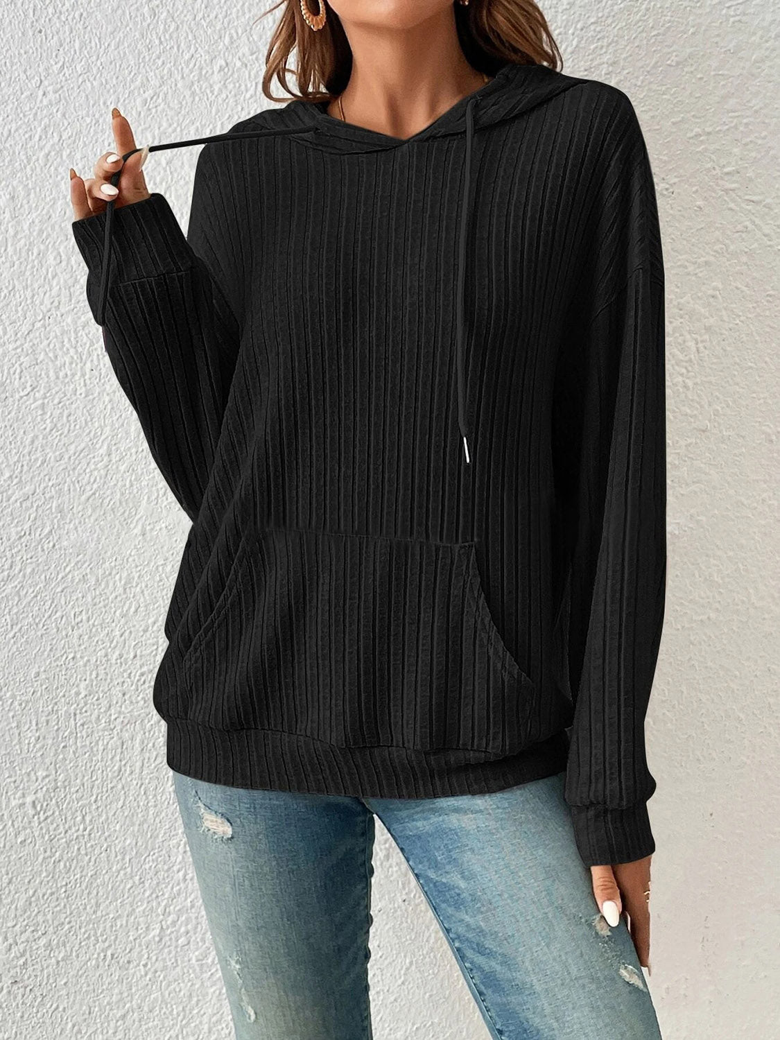 Ribbed Dropped Shoulder Drawstring Hoodie - Sydney So Sweet