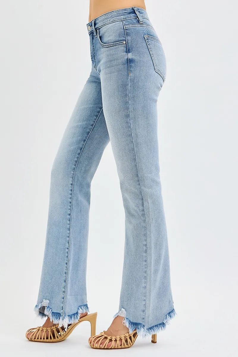 RISEN Full Size Tummy Control Mid Rise Flare Jeans with Fray Hem Detailed Plus Size - Sydney So Sweet