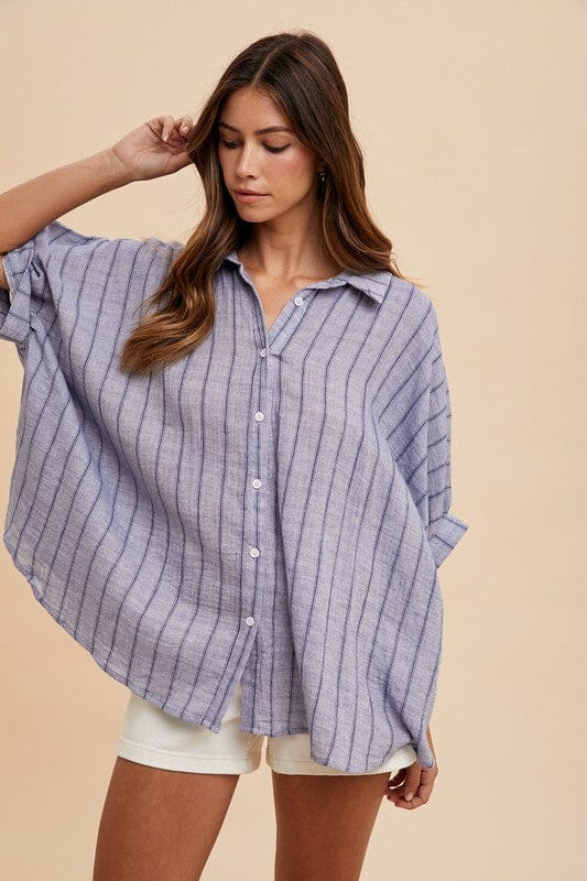 Annie Wear Striped Button Up Half Sleeve Shirt - Sydney So Sweet