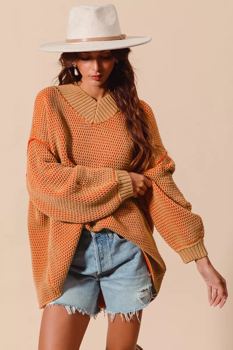SO ME Oversized Two Tone Textured V Neck Sweater - Sydney So Sweet