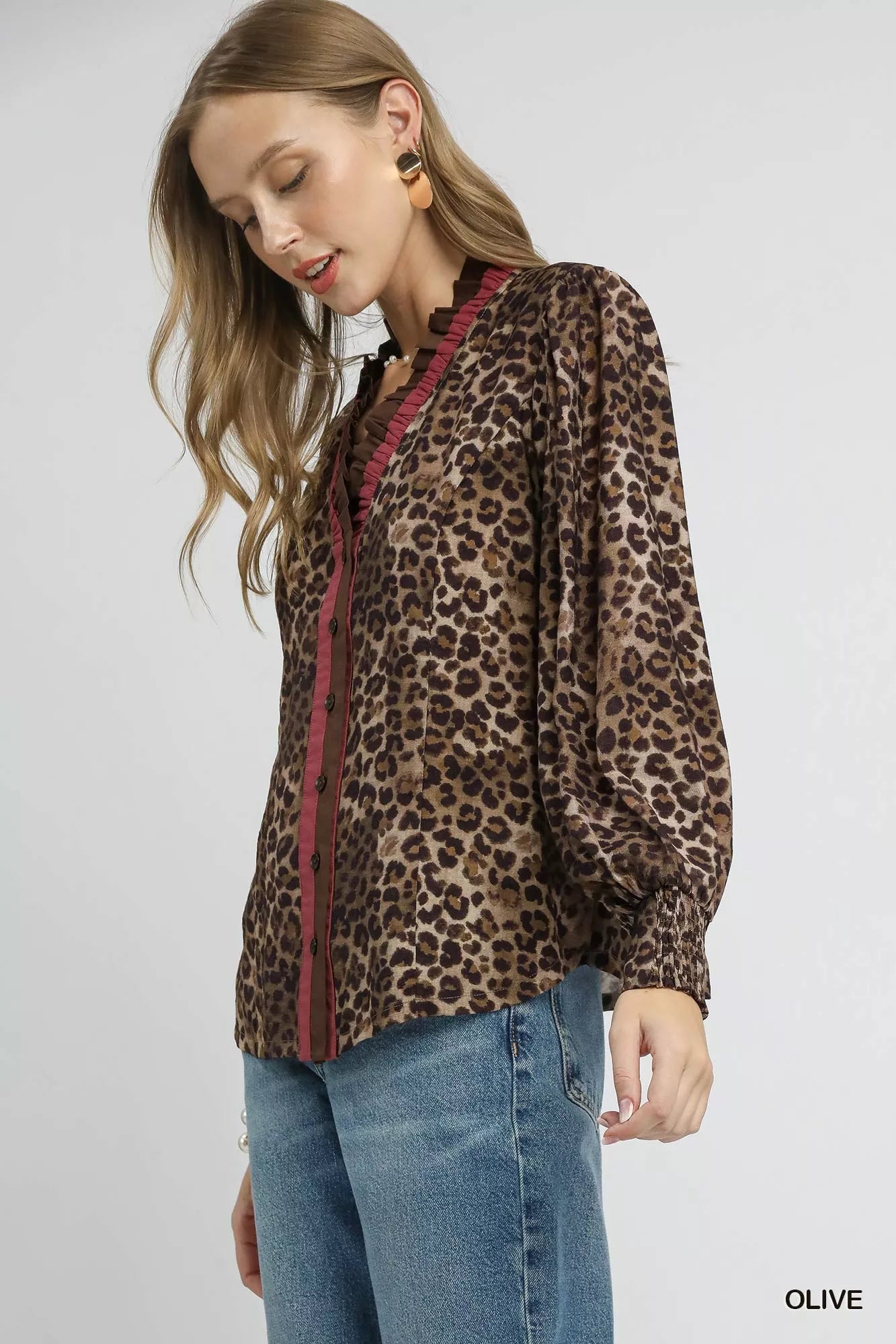 Umgee Ruffle Trim Leopard Print Shirt - Sydney So Sweet